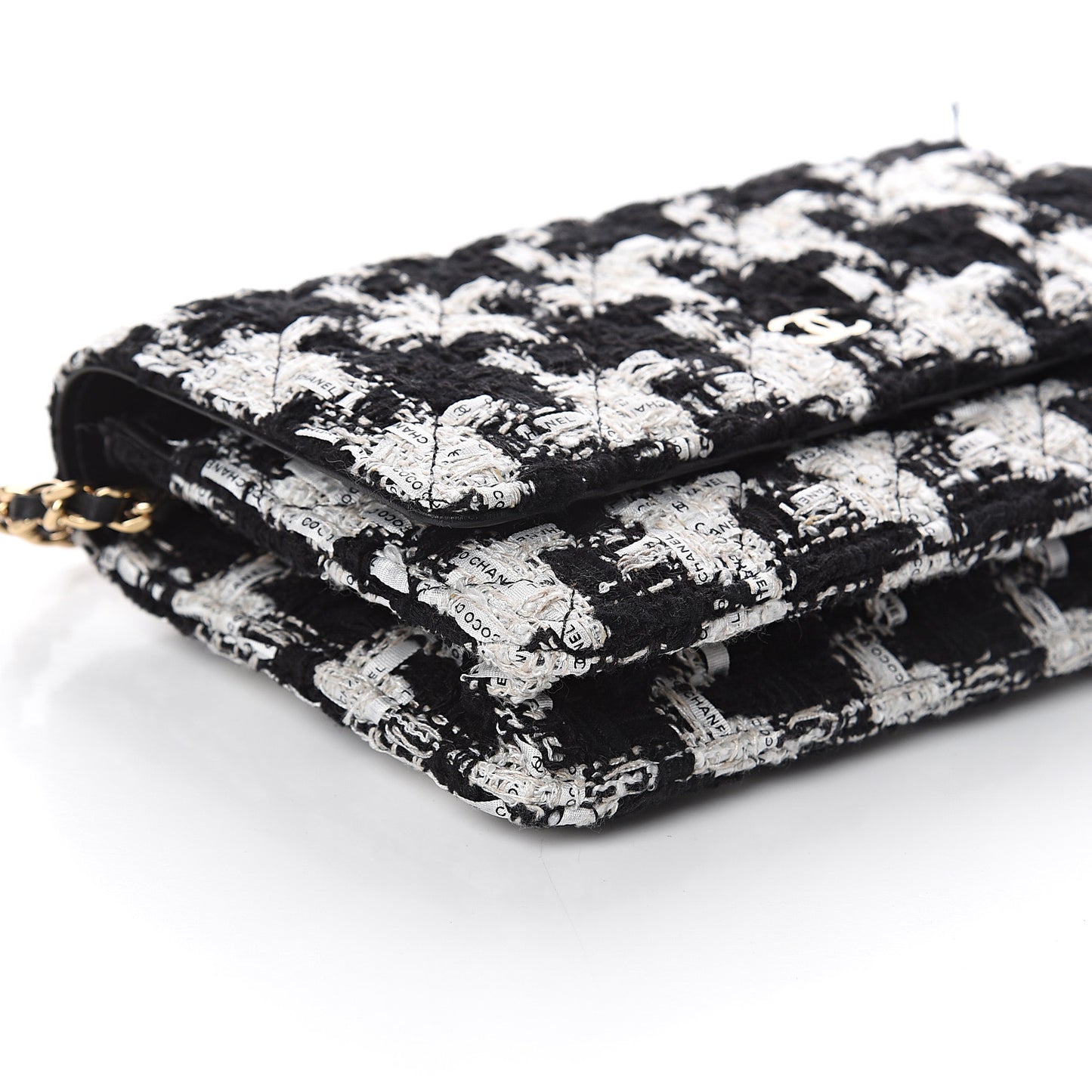 Tweed Quilted Wallet On Chain WOC Black Ecru White