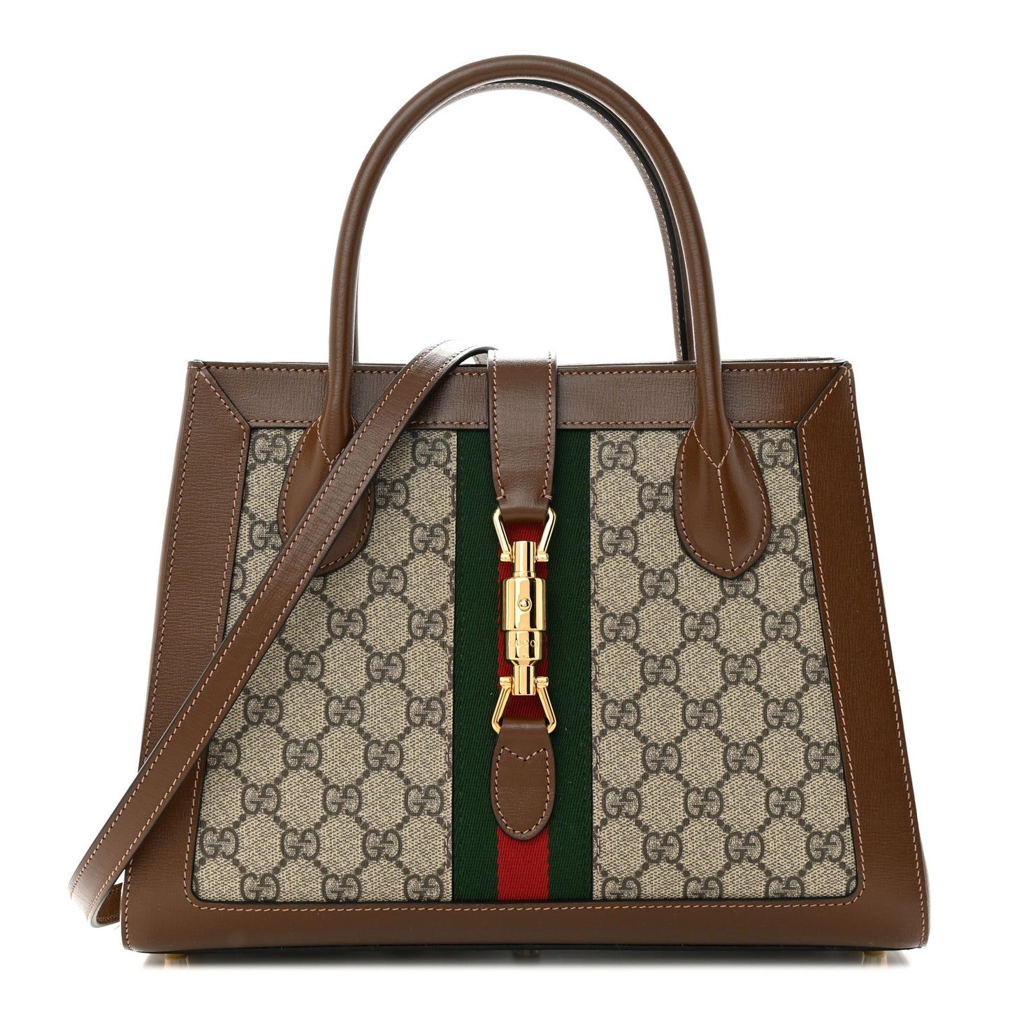GG Supreme Monogram Azalea Calfskin Web Medium Jackie 1961 Tote Beige Ebony Brown Sugar