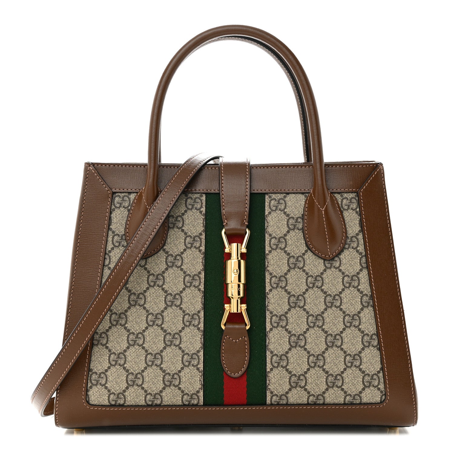 Gucci GG Supreme Monogram Azalea Calfskin Web Medium Jackie 1961 Tote Beige Ebony Brown Sugar 1 of 11