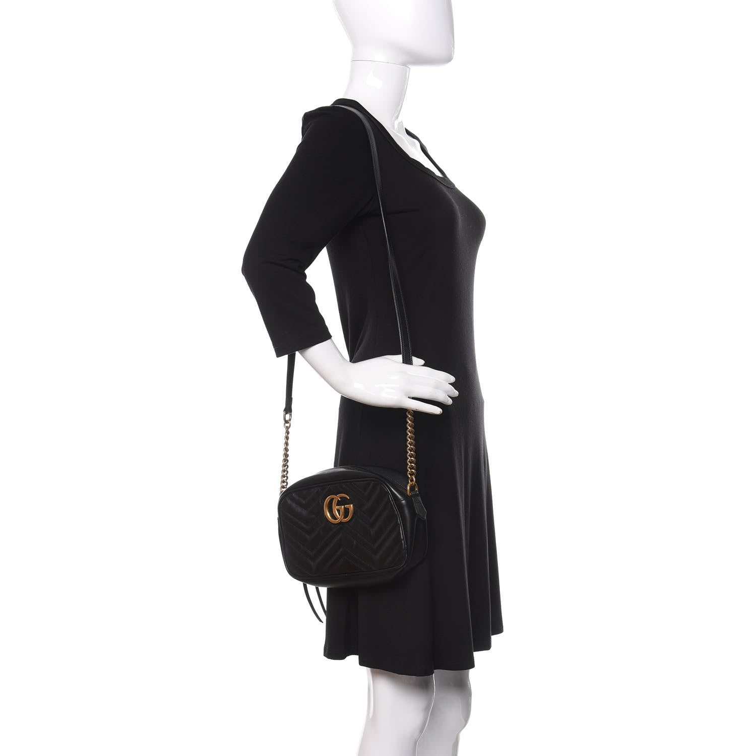Gucci Calfskin Matelasse Small GG Marmont Chain Shoulder Bag Black 2 of 11