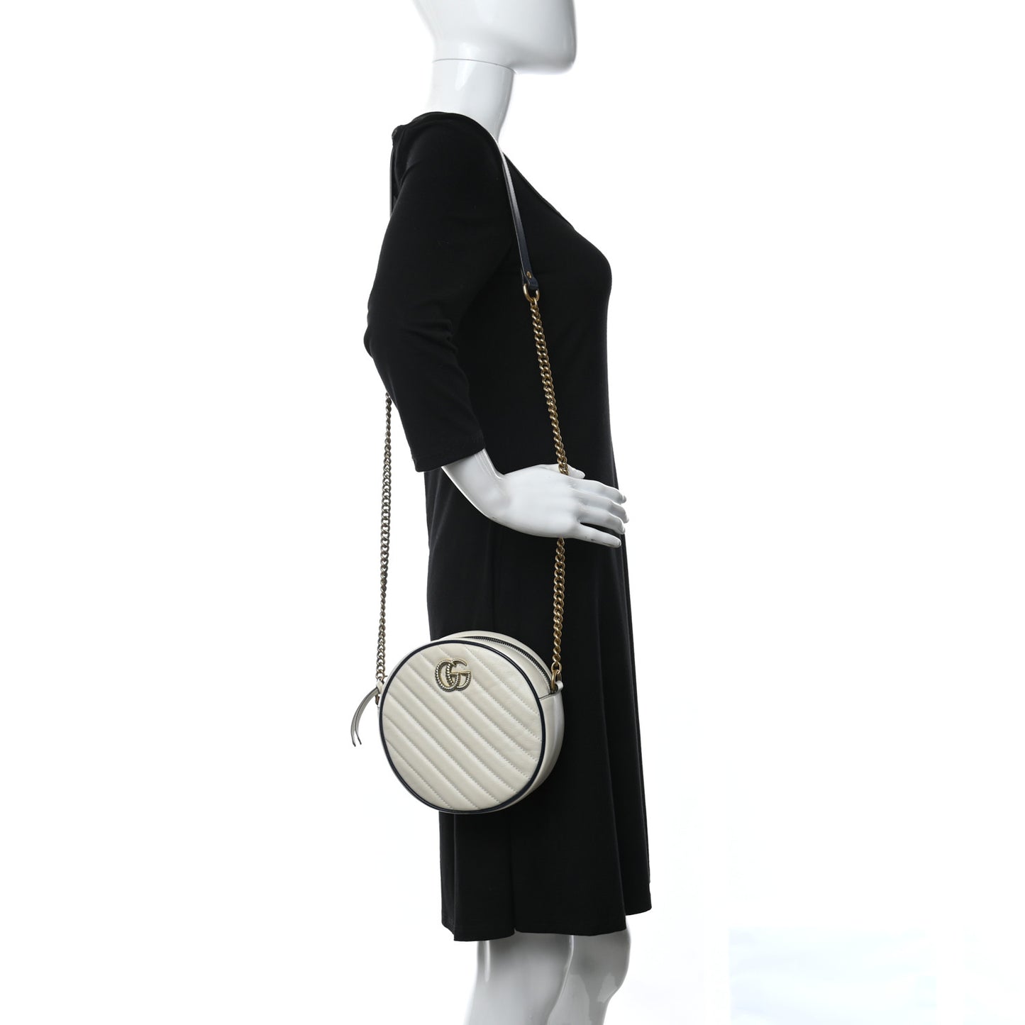 Azalea Calfskin Matelasse Diagonal Mini Torchon GG Marmont Round Shoulder Bag Mystic White Blue Agata