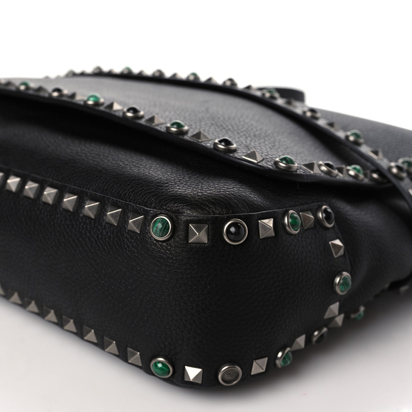 Pebbled Calfskin Rockstud Rolling Flap Messenger Bag Black
