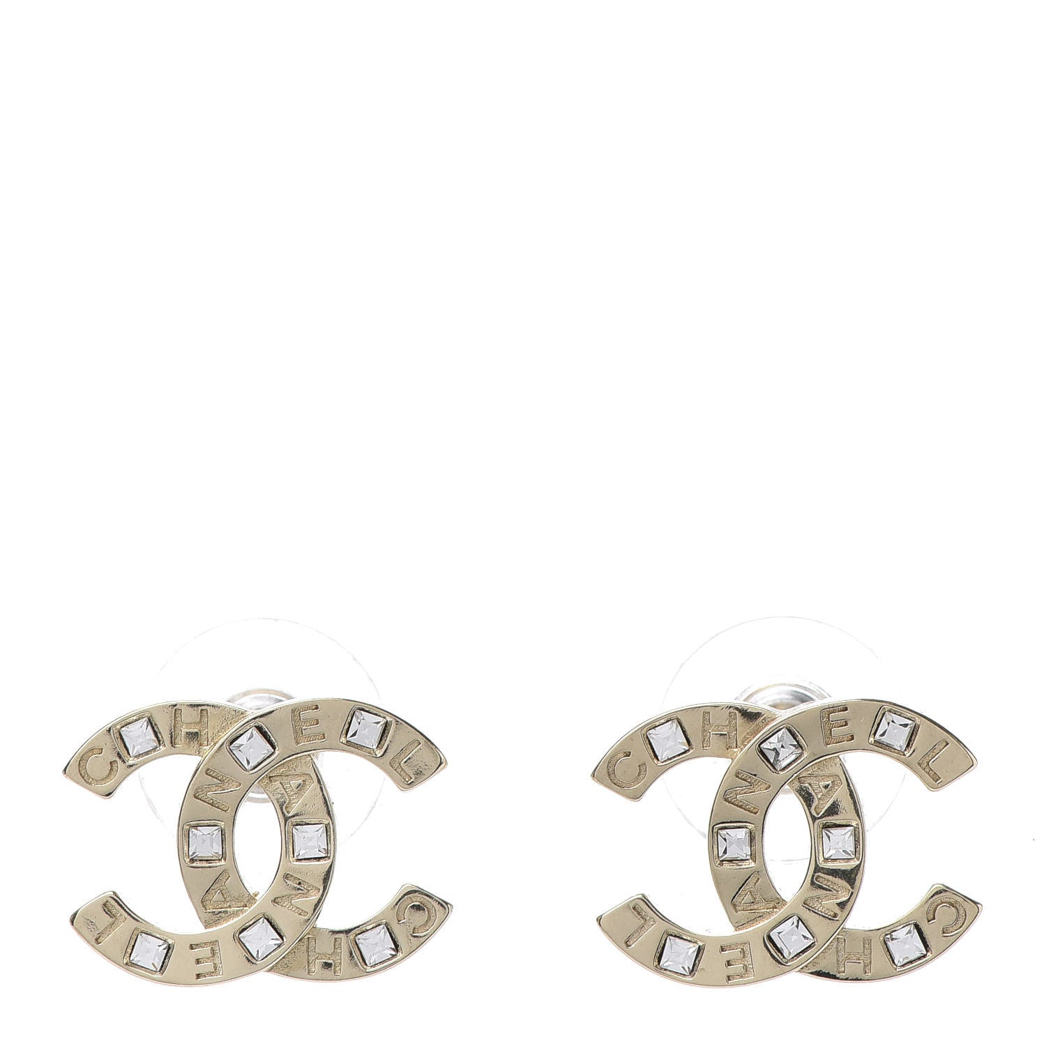 Chanel Crystal Metal CC Paris Button Stud Earrings Gold 1 of 6