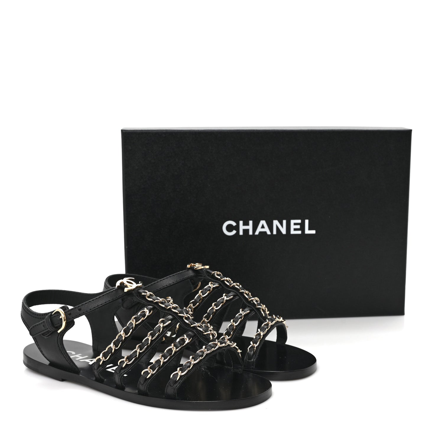 Calfskin Multi Chain CC Sandals 37 Black 36 Black