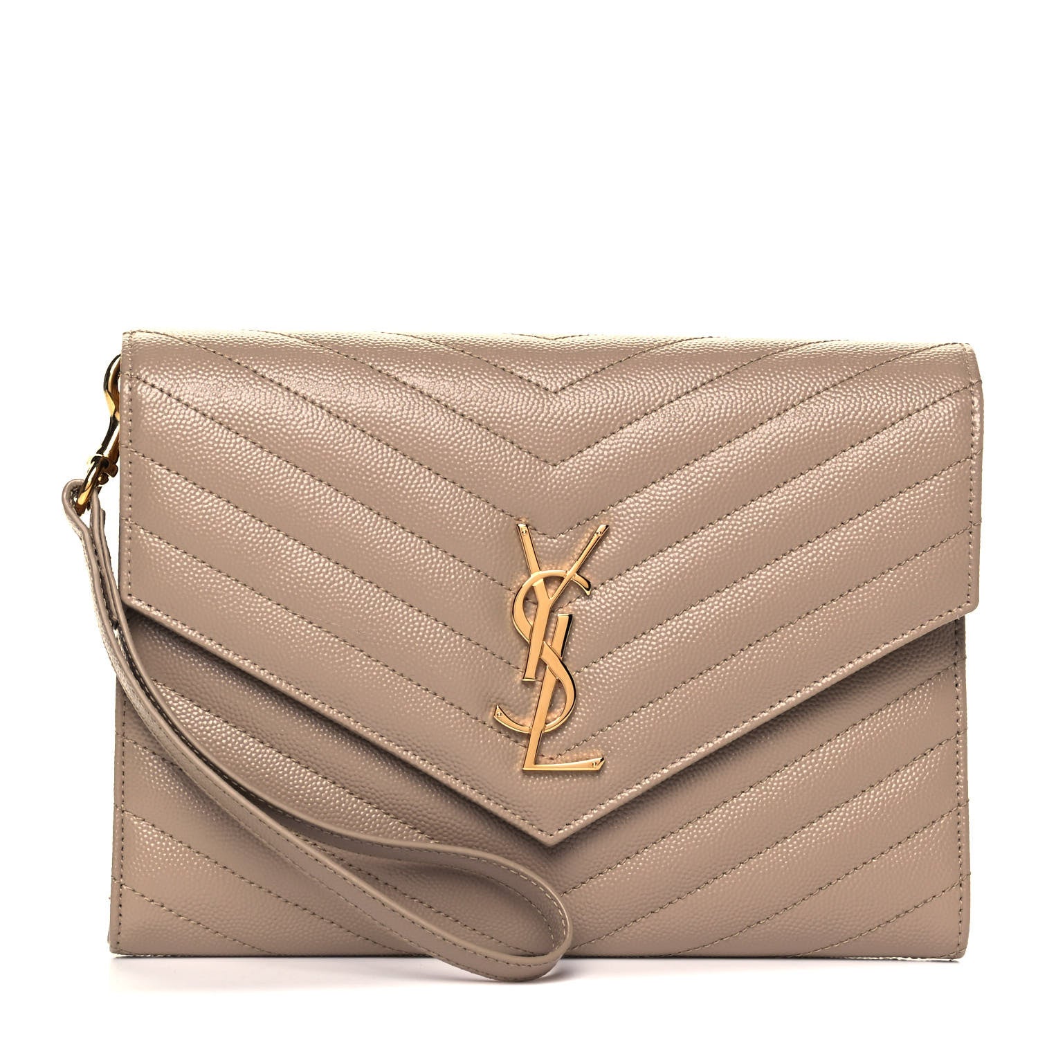 Saint Laurent Grain De Poudre Matelasse Chevron Monogram Envelope Clutch Dark Beige 1 of 8