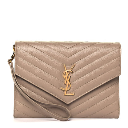 Saint Laurent Grain De Poudre Matelasse Chevron Monogram Envelope Clutch Dark Beige 1 of 8