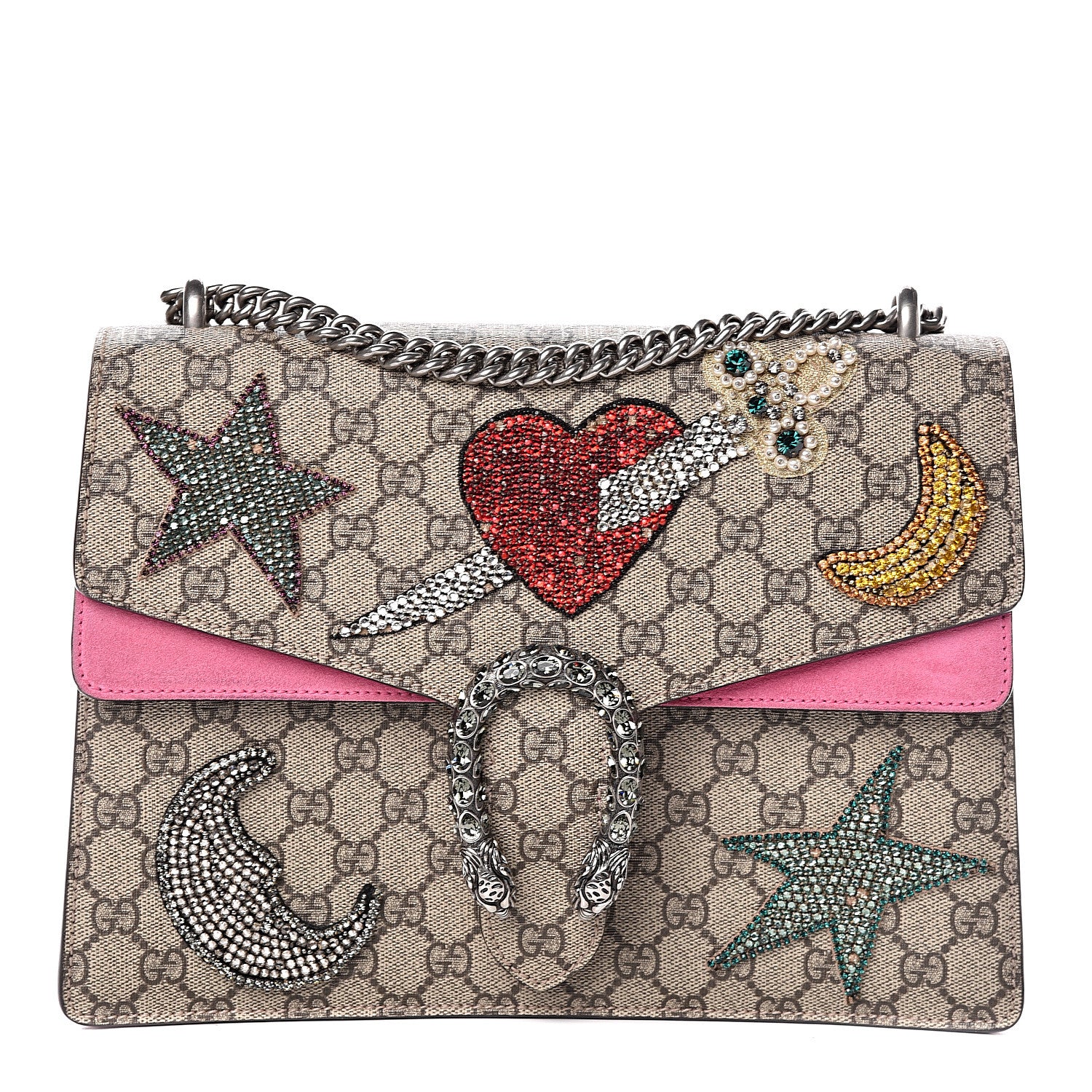 Gucci GG Supreme Monogram Suede Pierced Heart Embroidered Medium Dionysus Shoulder Bag Beige Ebony Pink Tropical Flower 1 of 18