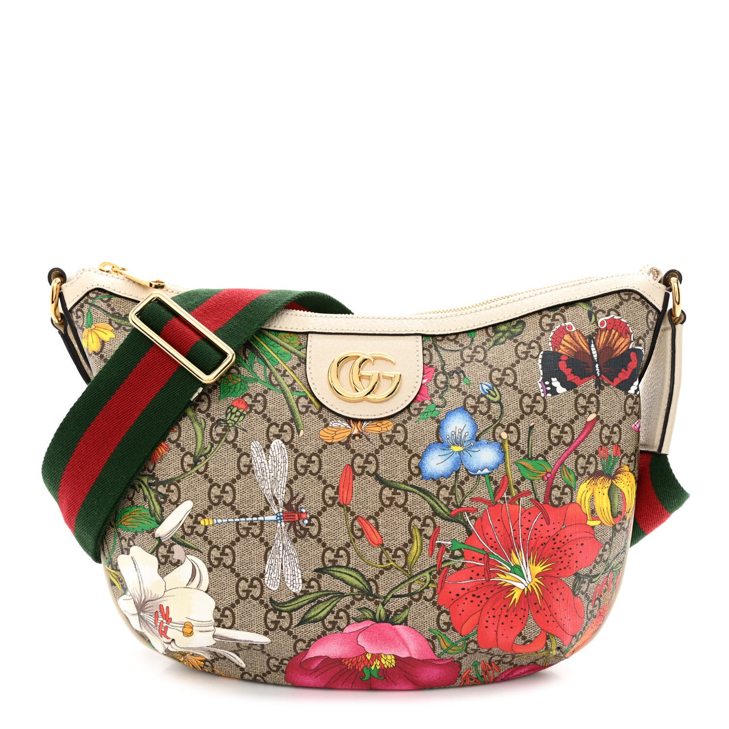 GG Supreme Monogram Flora Web Small Ophidia Half Moon Hobo White
