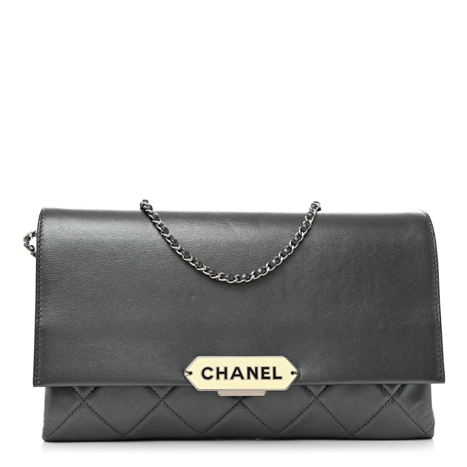 Chanel Metallic Lambskin Quilted Retro Label Clutch Charcoal Grey 1 of 14