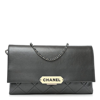 Chanel Metallic Lambskin Quilted Retro Label Clutch Charcoal Grey 1 of 14