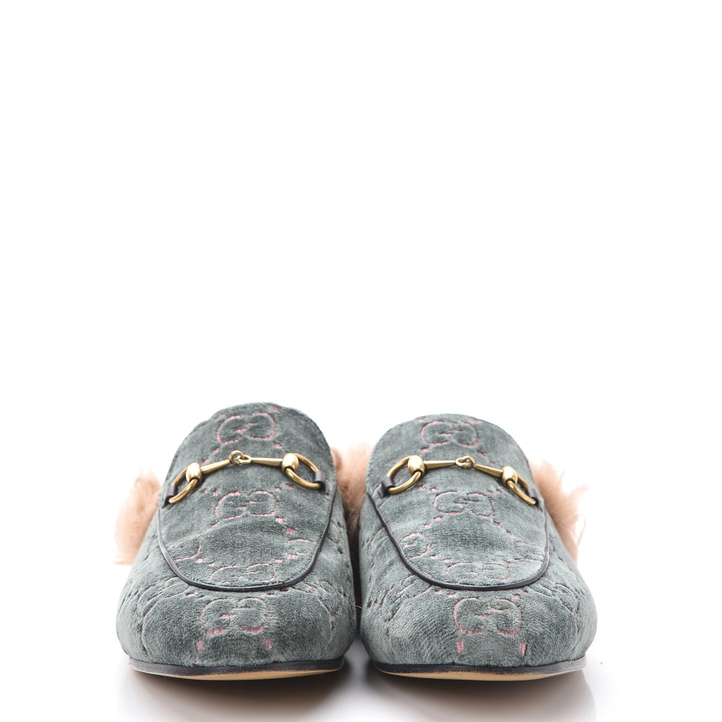 Velvet GG Monogram Fur Womens Princetown Slippers 37.5 Avio Dusty Pink