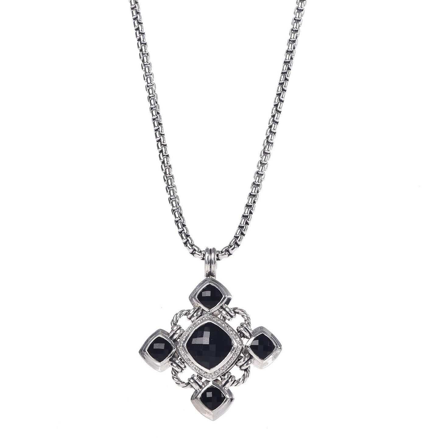 Sterling Silver 14K Yellow Gold Black Onyx Diamond Renaissance Cross Pendant Necklace