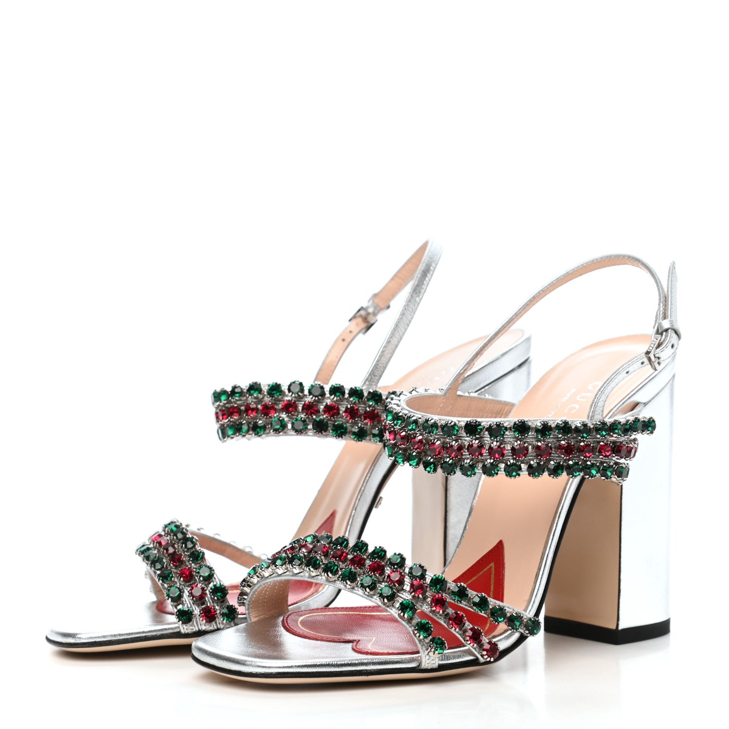 Gucci Nappa Silk Crystal Bertie High Heel Sandals 35.5 Argento 4 of 10