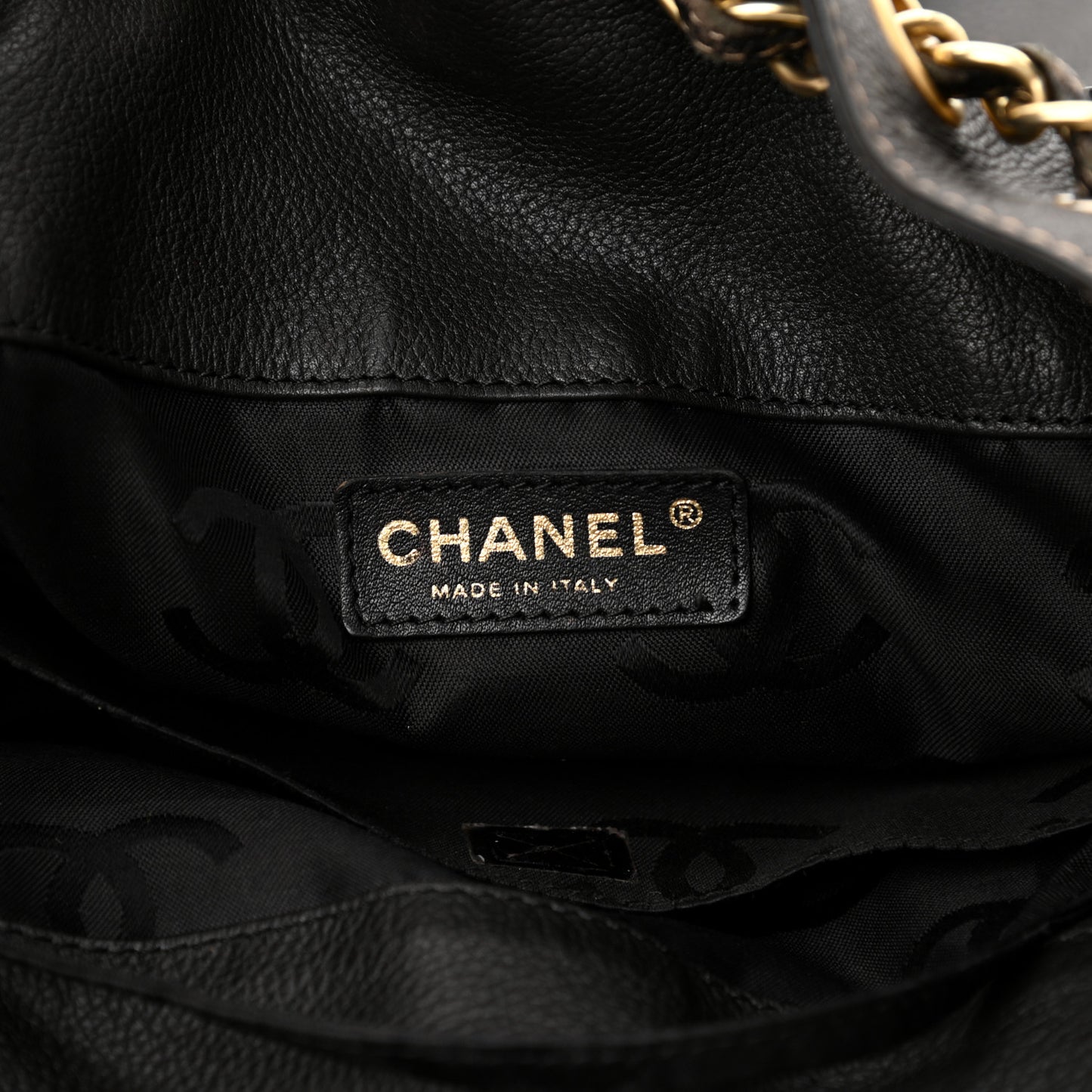Grained Calfskin CC Drawstring Bucket Bag Black