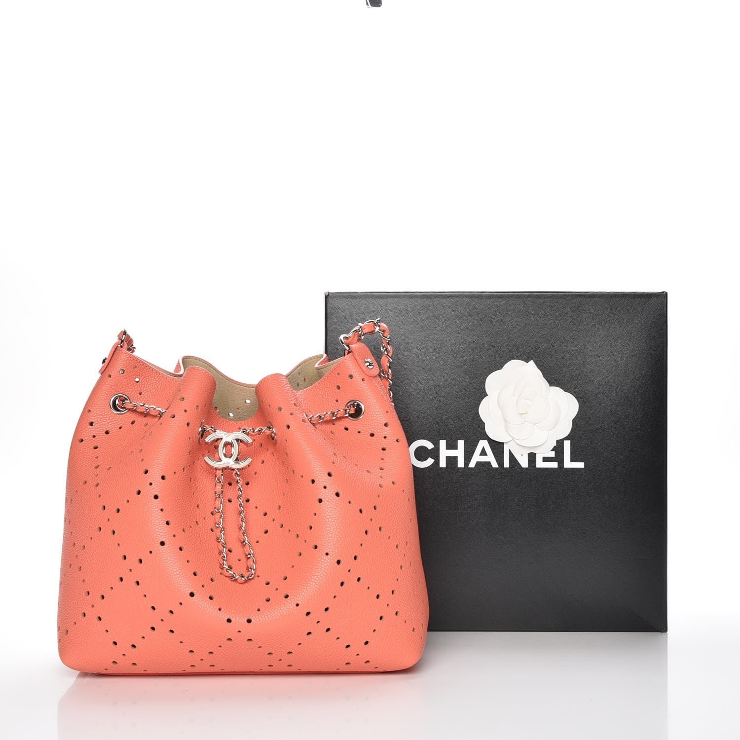 Chanel Caviar Perforated Drawstring CC Bag Coral Beige 9 of 9
