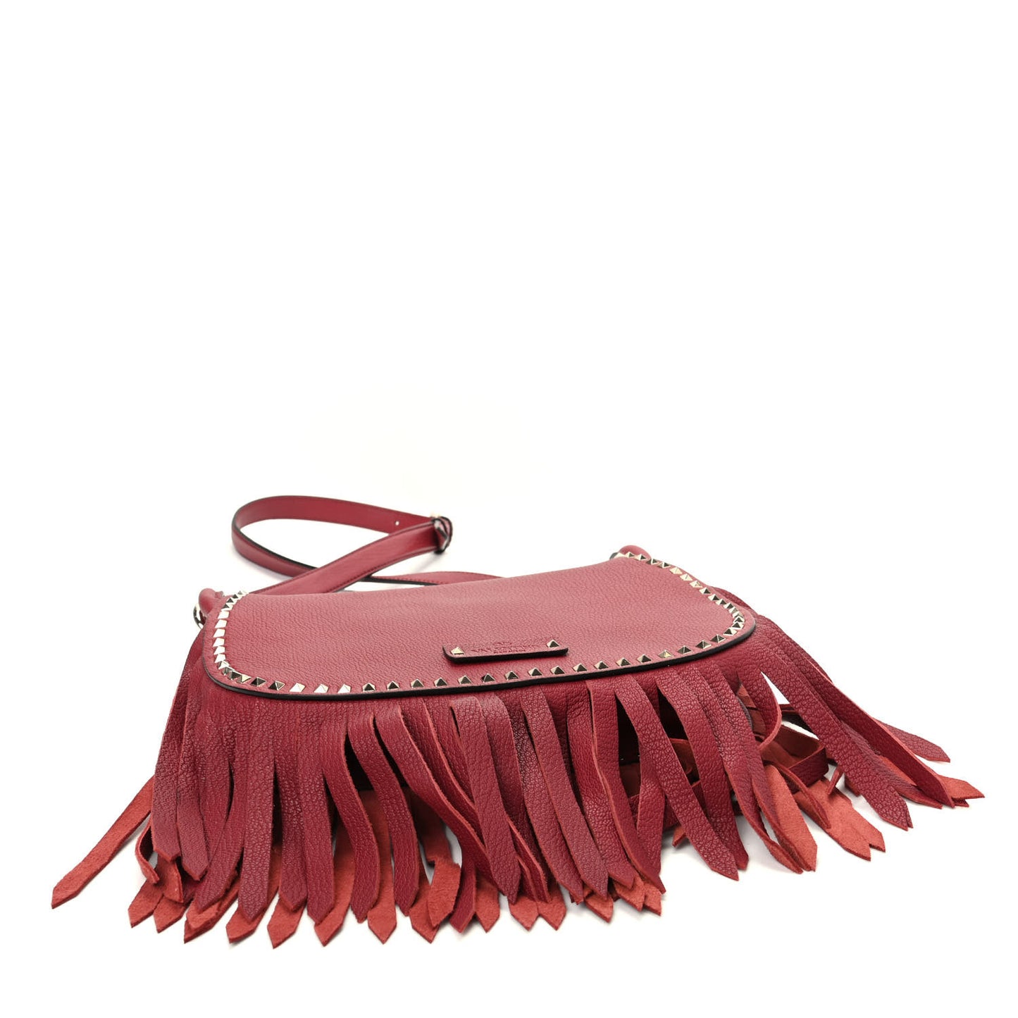 Pebbled Calfskin Rockstud Fringe Messenger Bag Rosso