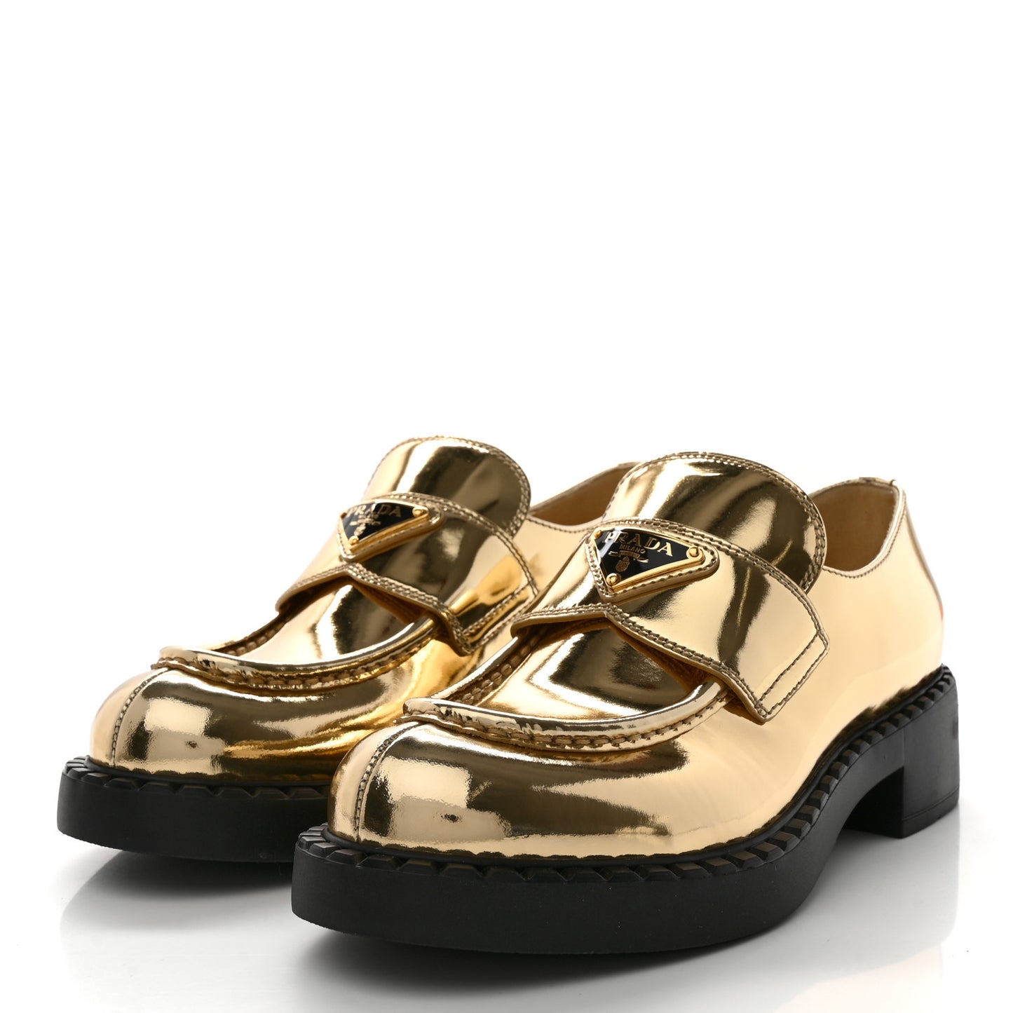 Metallic Brushed Calfskin Metal Triangle Logo 50mm Loafers 38 Platino