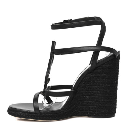 Saint Laurent Calfskin Cassandra Espadrille 105 Wedges 37 Black 1 of 10