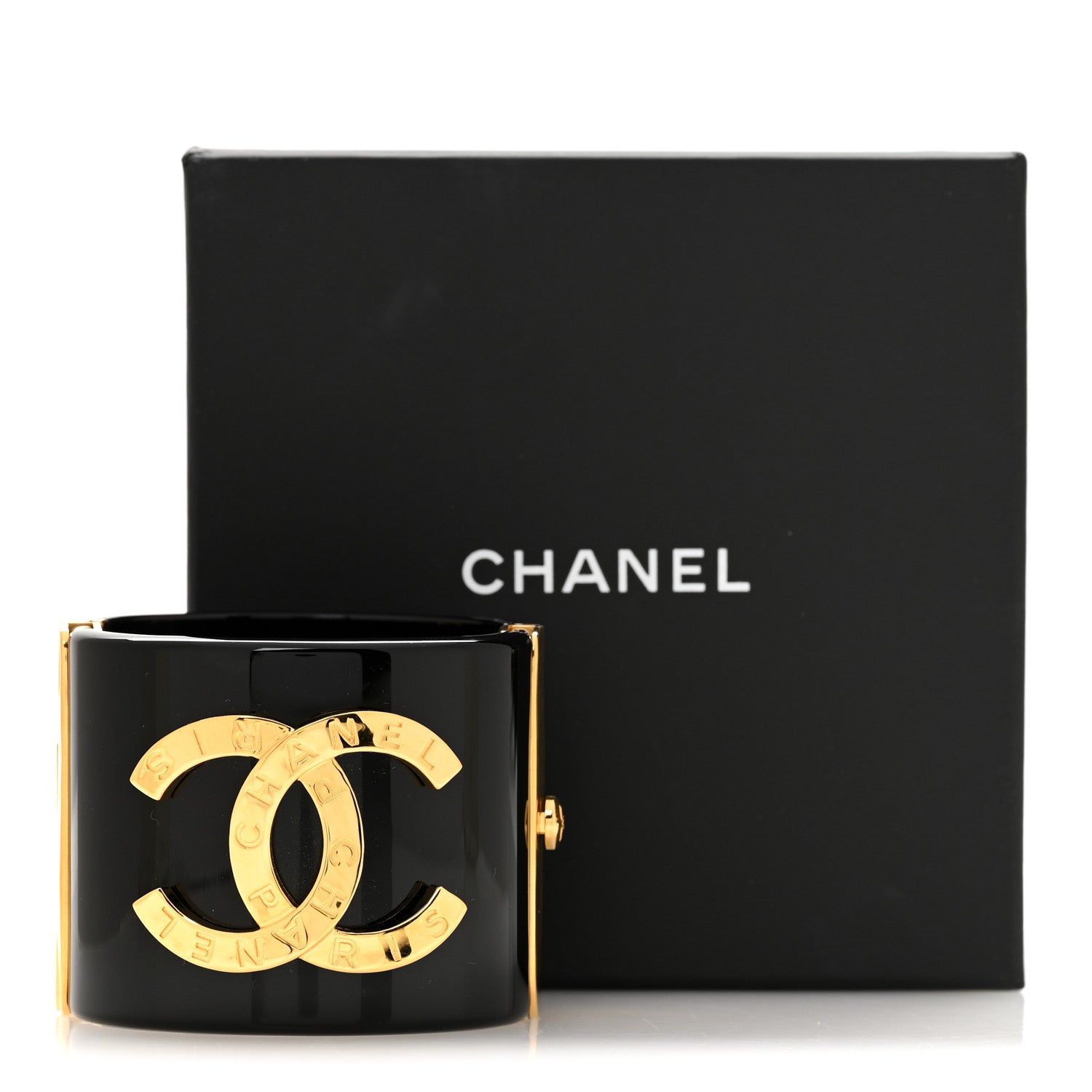 Chanel Resin CC Paris Button Cuff Bracelet Black Gold 5 of 5