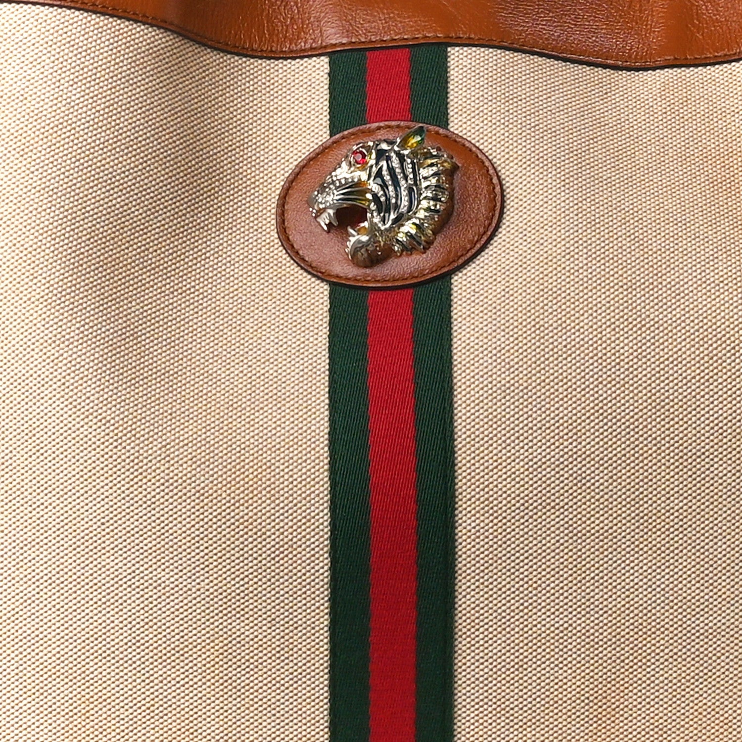 Gucci Vintage Canvas Calfskin Web Maxi Rajah Chain Tote Sand Light Cuir 13 of 15