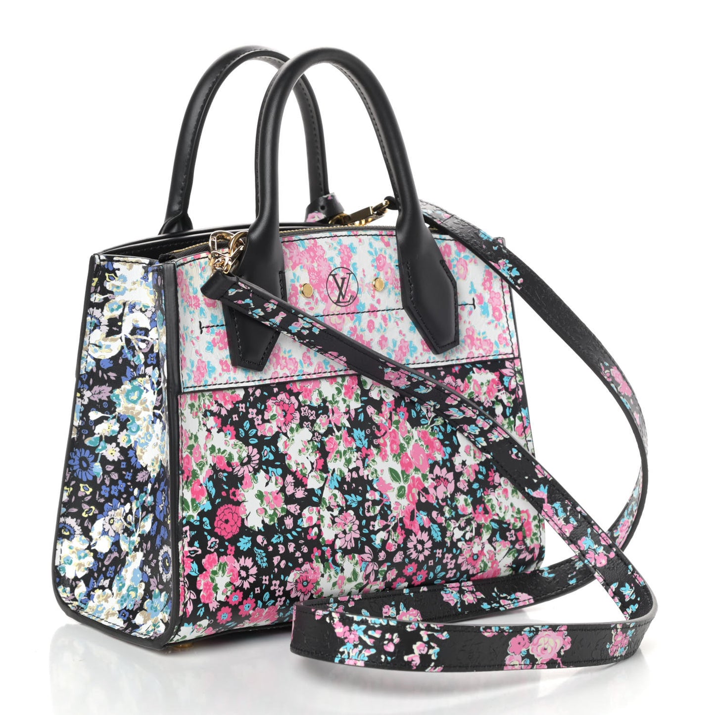 Calfskin Floral Print Mini City Steamer Black