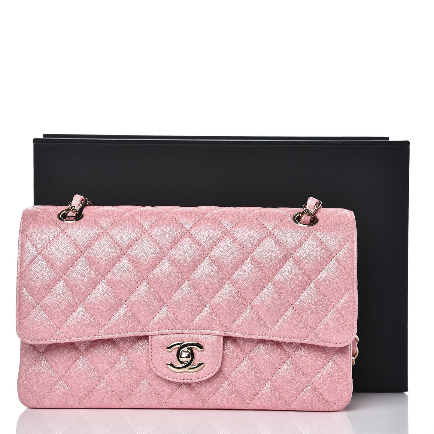Iridescent Caviar Quilted Medium Double Flap Rose Pink