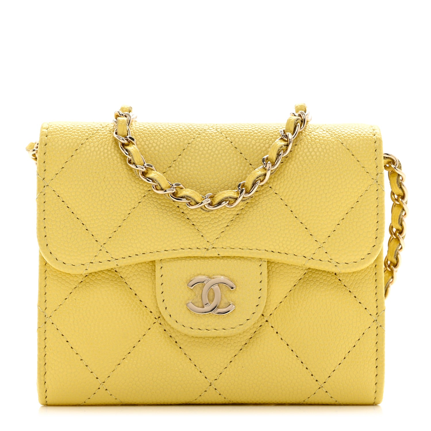 Chanel Caviar Quilted Flap Card Holder On Chain Yellow 1 of 6