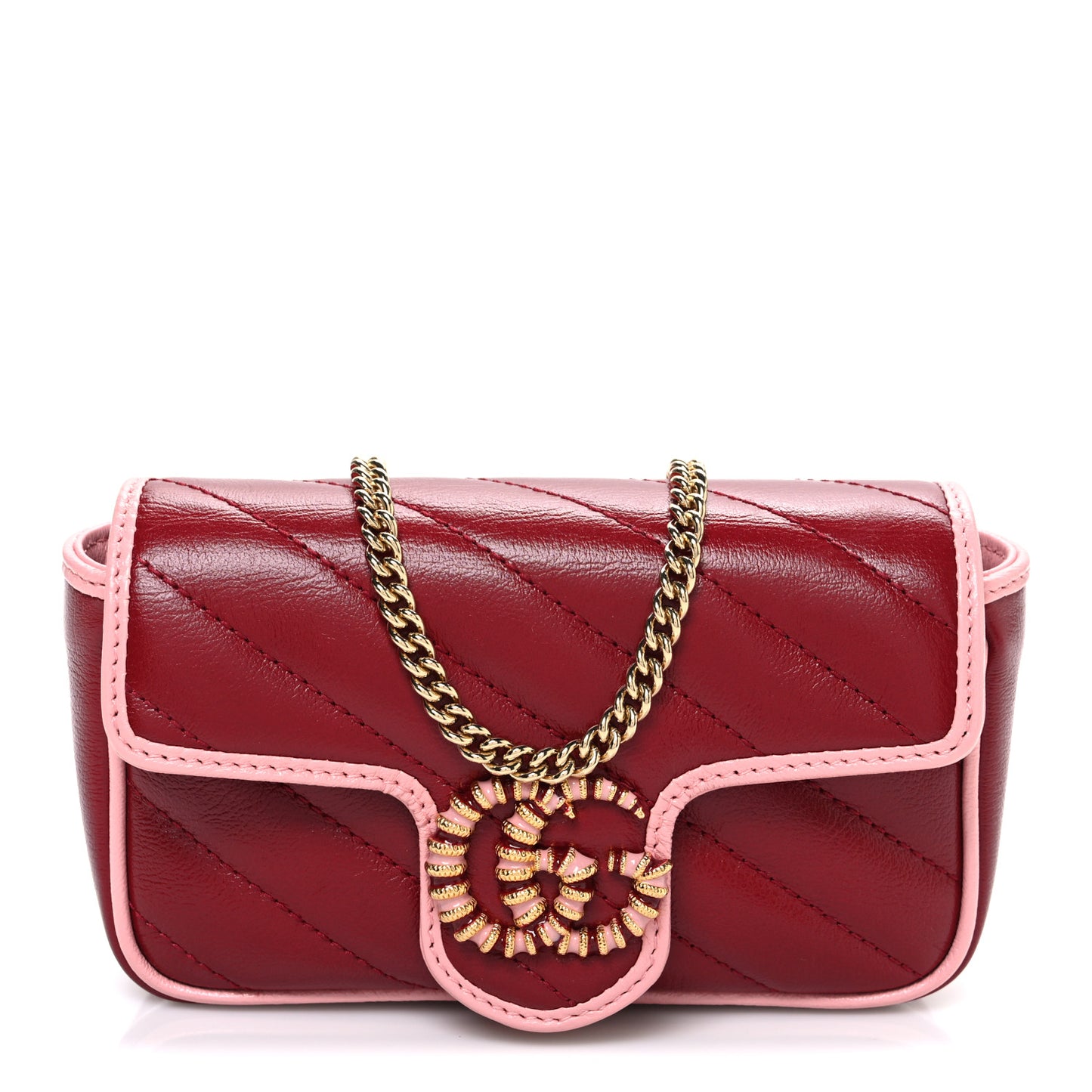 Azalea Calfskin Enamel Matelasse Diagonal Super Mini Torchon GG Marmont Shoulder Bag New Cherry Red Wild Rose