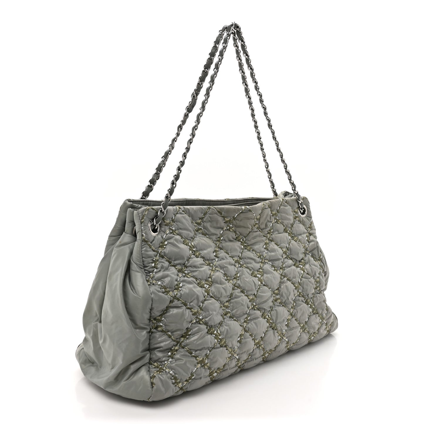 Nylon Quilted Tweed Stitch Bubble Tote Green