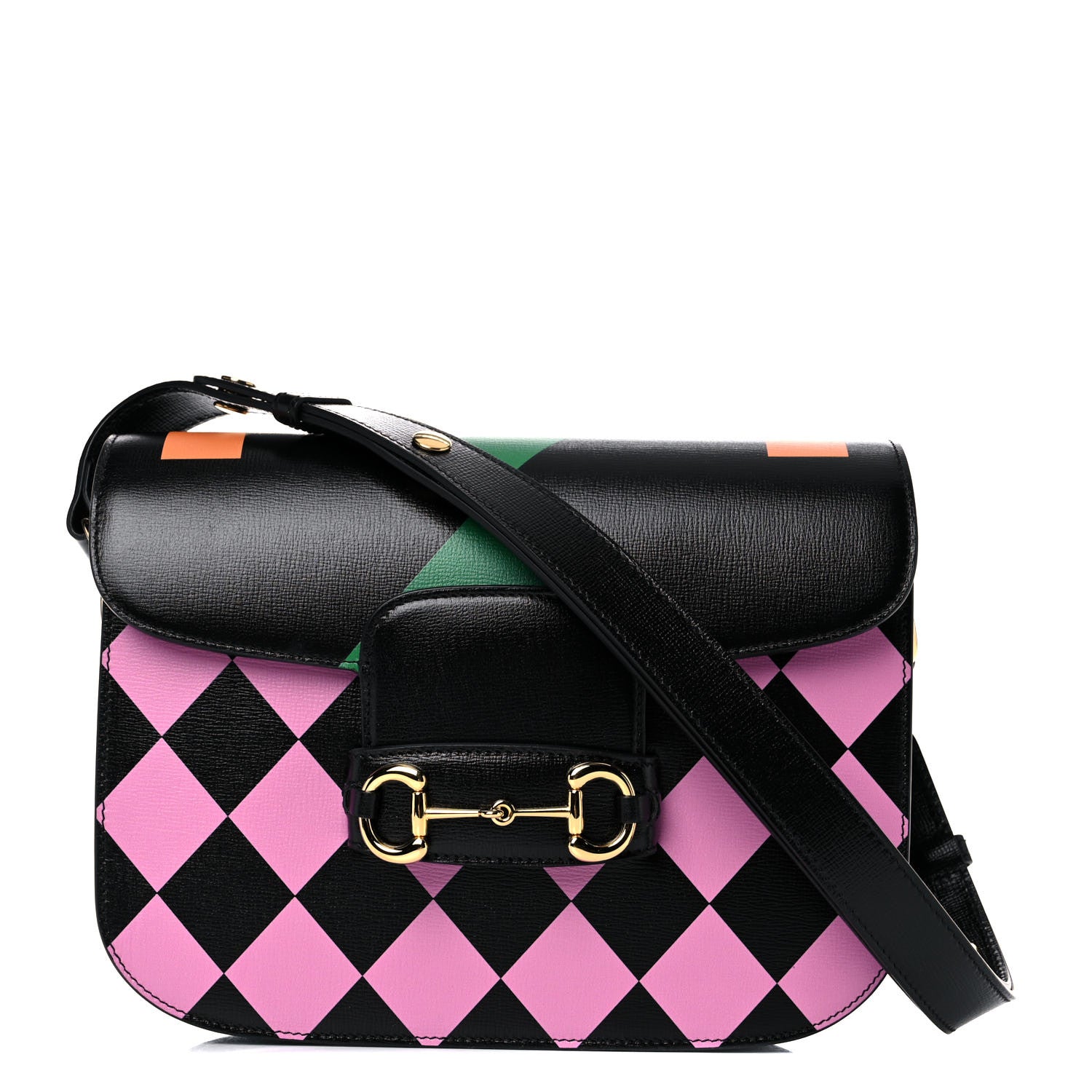 Gucci Textured Calfskin Geometric Print Horsebit 1955 Shoulder Bag Black Multicolor 1 of 11