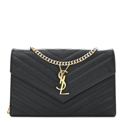 Saint Laurent Grain De Poudre Matelasse Chevron Monogram Chain Wallet Black 1 of 12