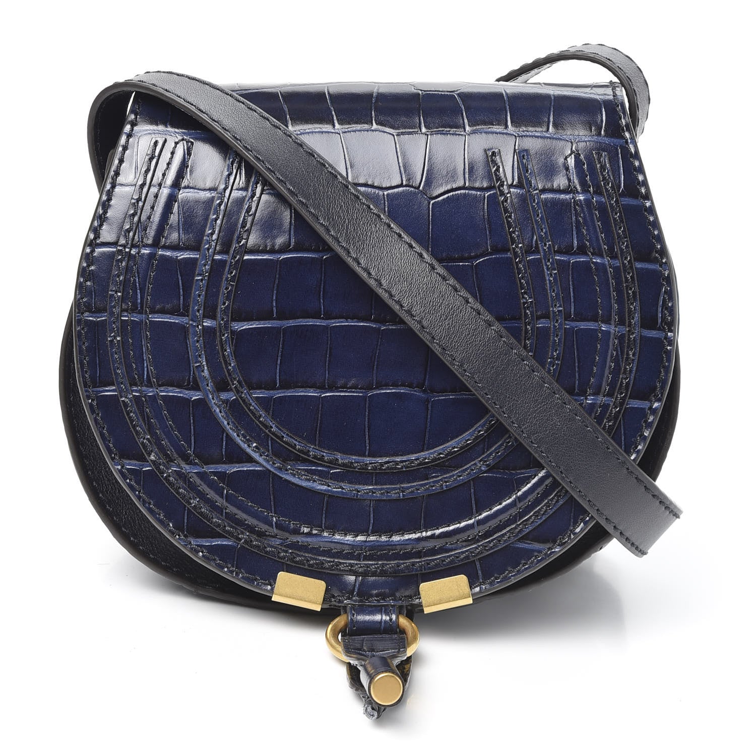 Chloe Crocodile Embossed Calfskin Mini Marcie Round Crossbody Bag Full Blue 1 of 9
