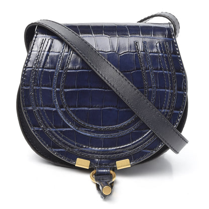 Chloe Crocodile Embossed Calfskin Mini Marcie Round Crossbody Bag Full Blue 1 of 9