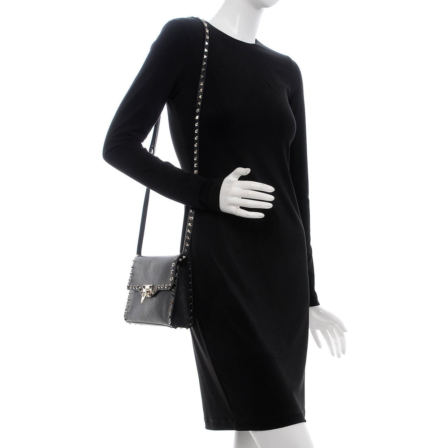 Pebbled Calfskin Medium Rockstud Flip Lock Crossbody Bag Black