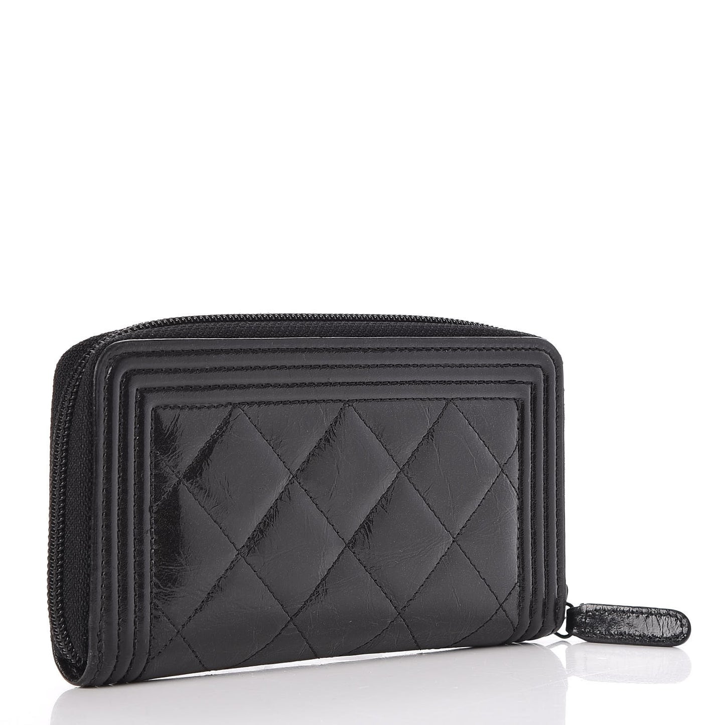 Distressed Patent Quilted Small Boy Zip Around Wallet Black