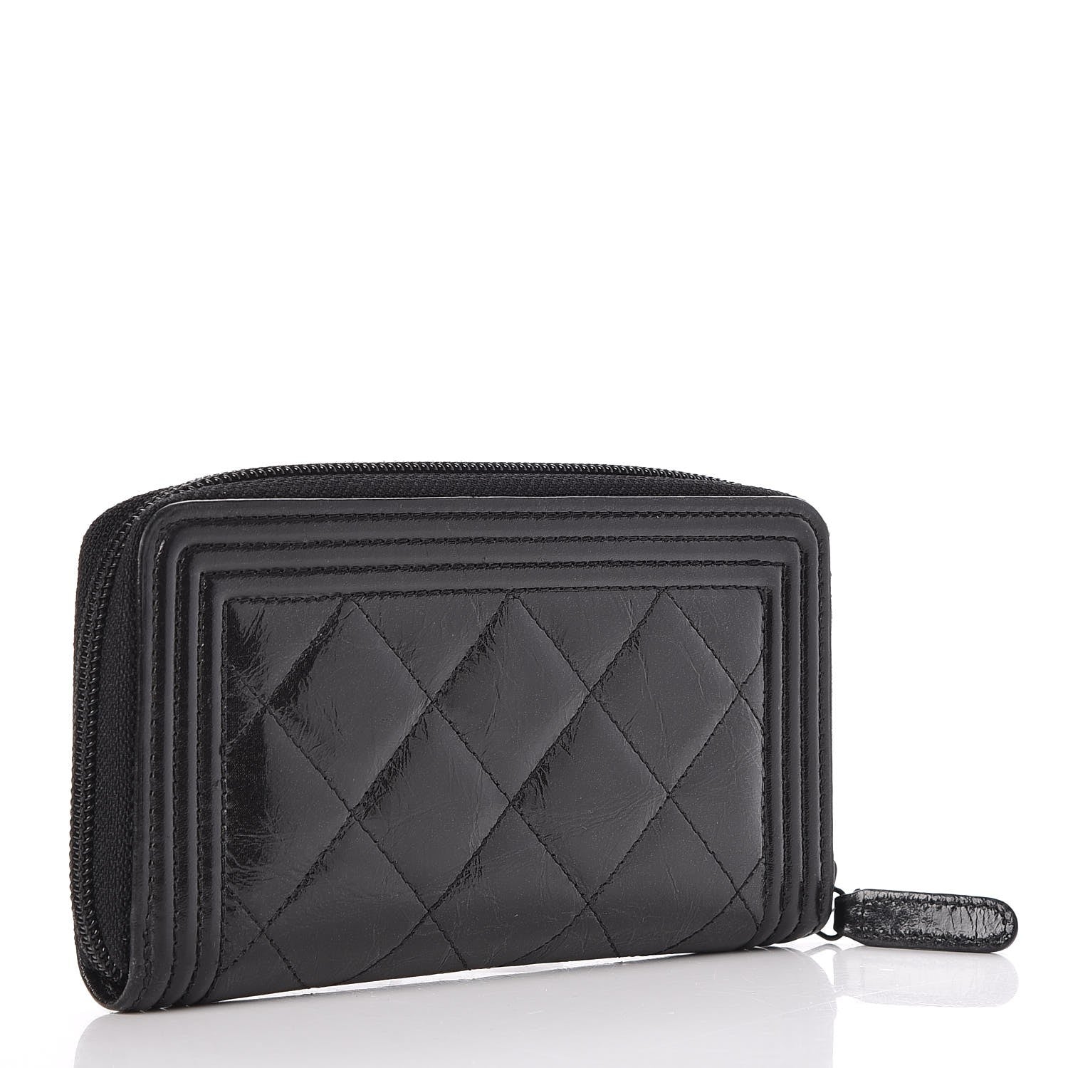Chanel Distressed Patent Quilted Small Boy Zip Around Wallet Black 3 of 8