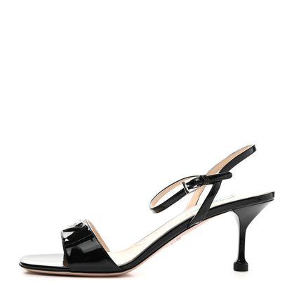 Prada Vernice Metal Triangle Logo Open Toe 65mm Sandals 39.5 Black 1 of 8