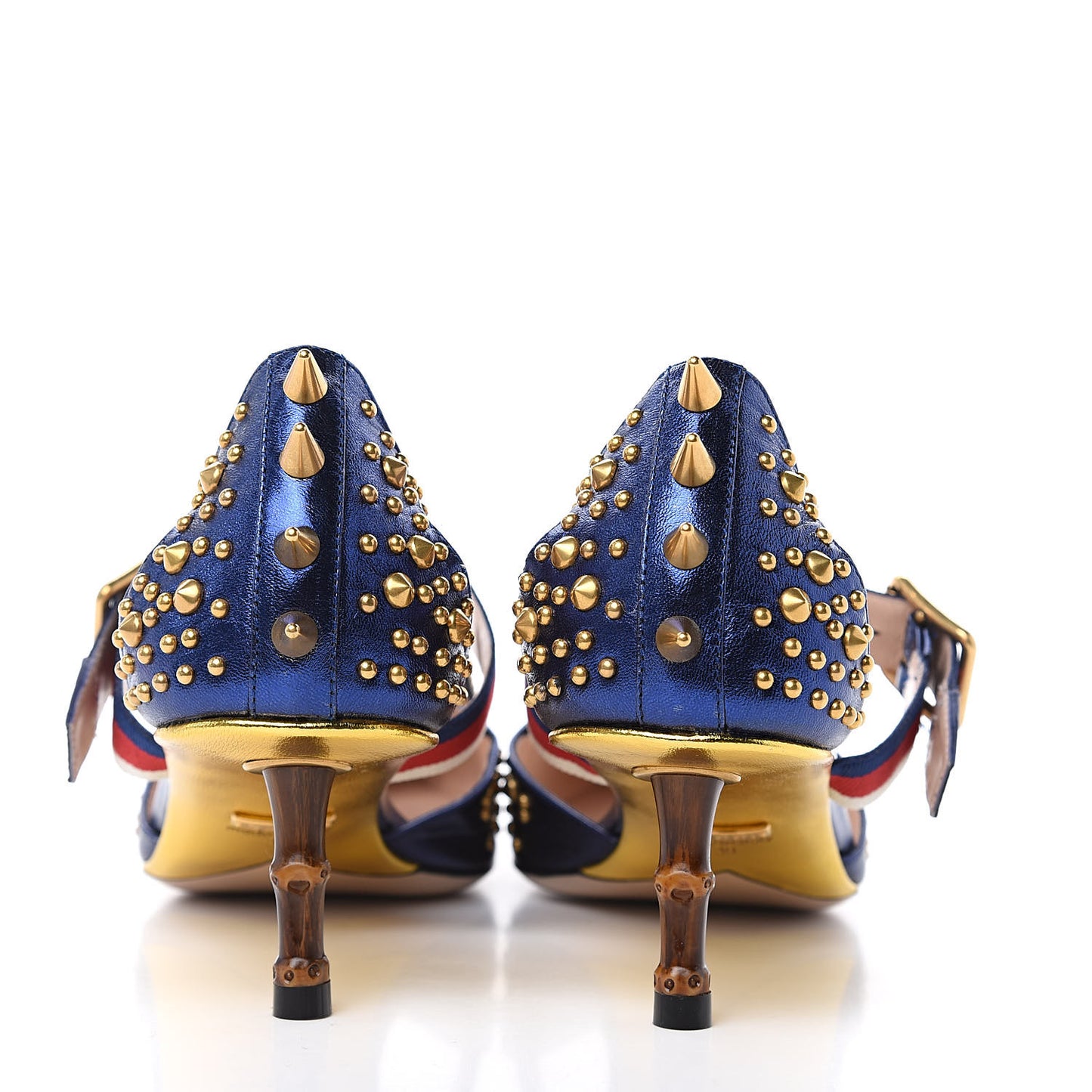 Metallic Nappa Silk Grosgrain Studded Sylvie Web Bamboo Low Heel Pumps 39 Sapphire