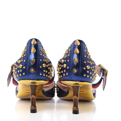 Gucci Metallic Nappa Silk Grosgrain Studded Sylvie Web Bamboo Low Heel Pumps 39 Sapphire 5 of 10