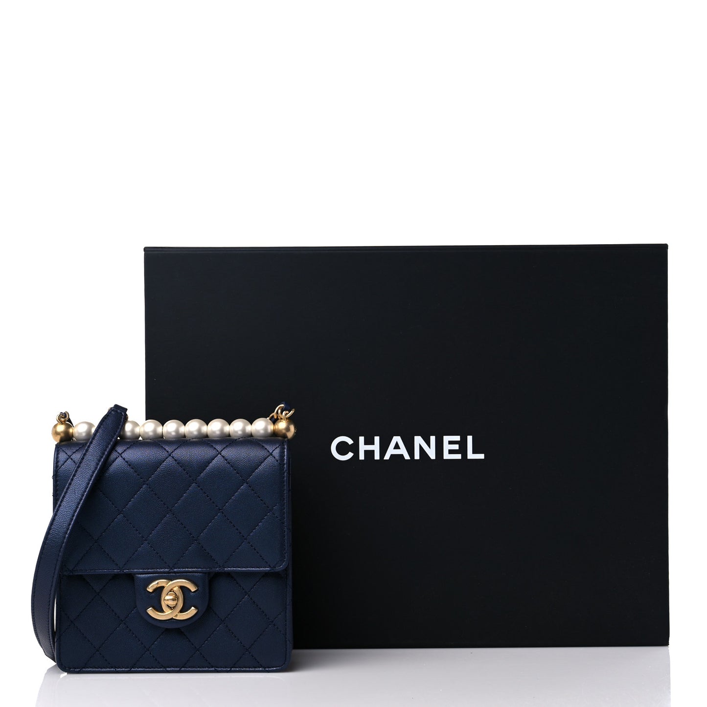 Iridescent Lambskin Quilted Chic Pearls Flap Navy Blue