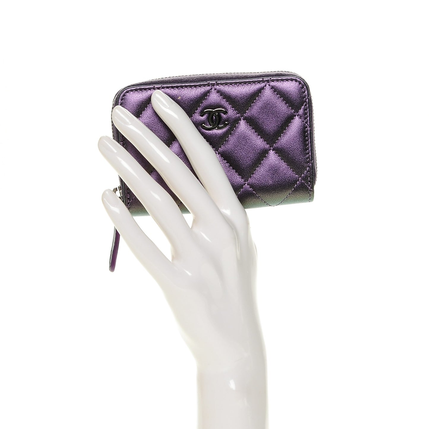 Metallic Lambskin Quilted Zip Around Coin Purse Wallet Dark Purple