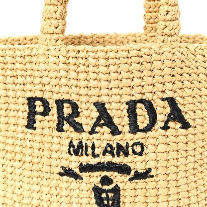 Prada Yarn Raffia Effect Crochet Embroidered Small Logo Tote Naturale 7 of 12