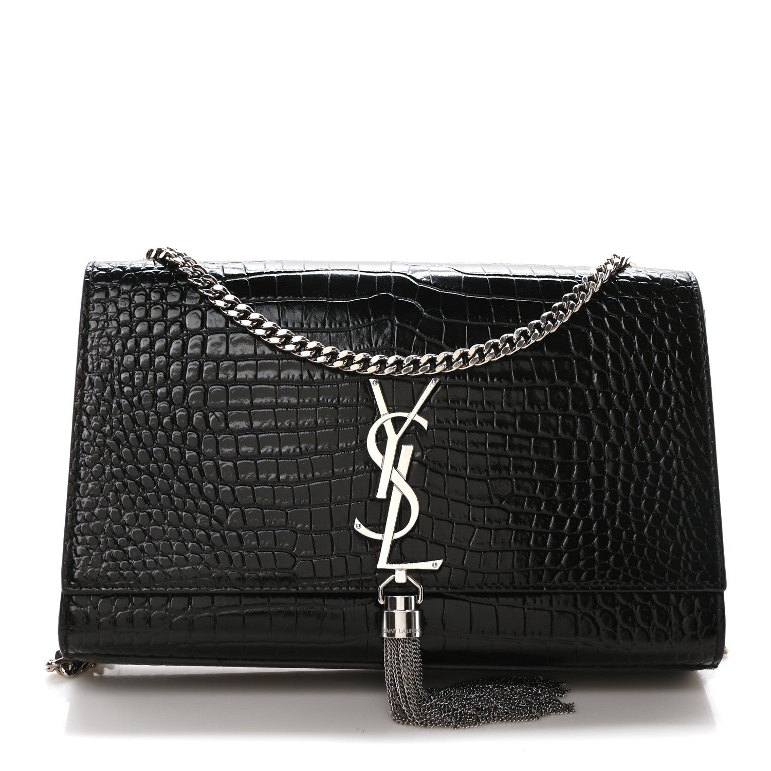 Saint Laurent Calfskin Crocodile Embossed Medium Classic Monogram Kate Tassel Satchel Black 1 of 10