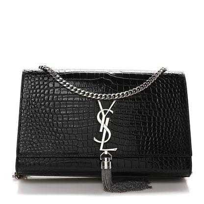 Saint Laurent Calfskin Crocodile Embossed Medium Classic Monogram Kate Tassel Satchel Black 1 of 10