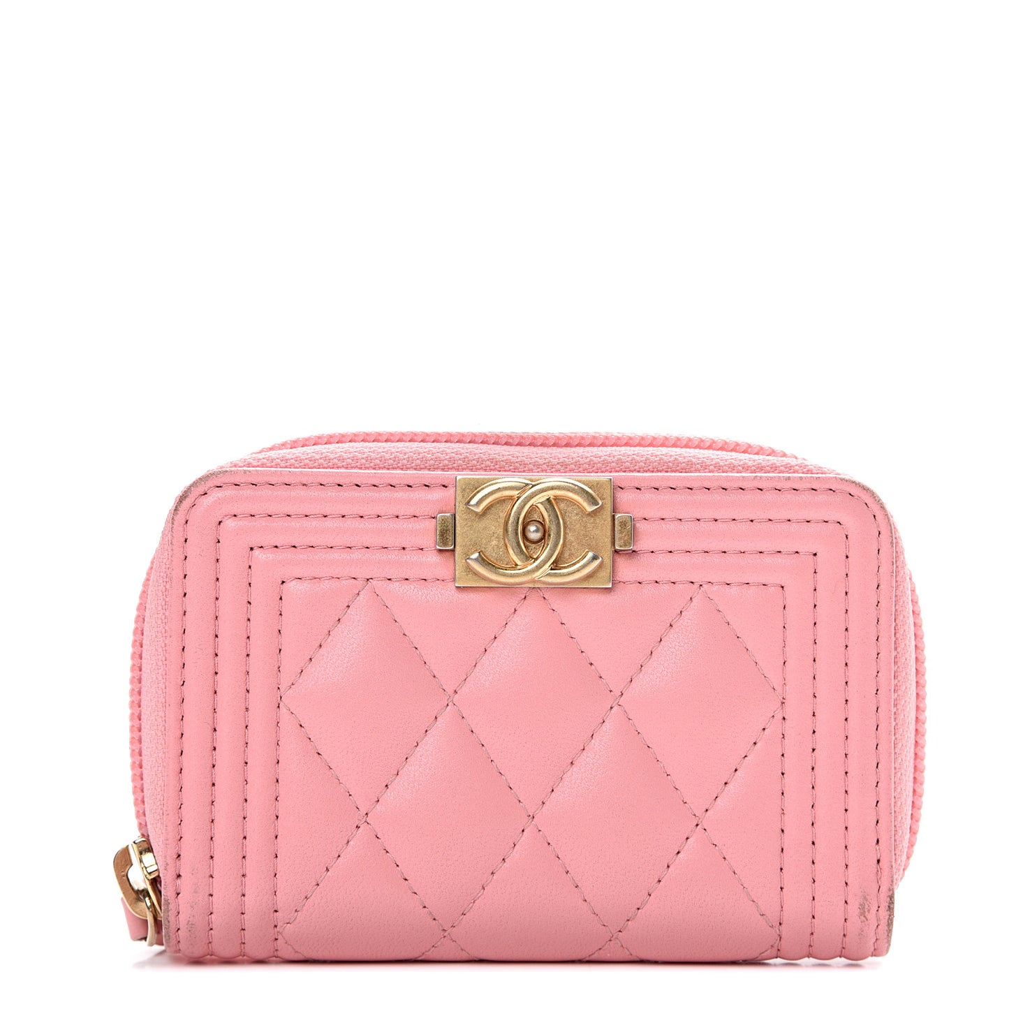 Lambskin Quilted Boy Zip Around Coin Purse Wallet Pink