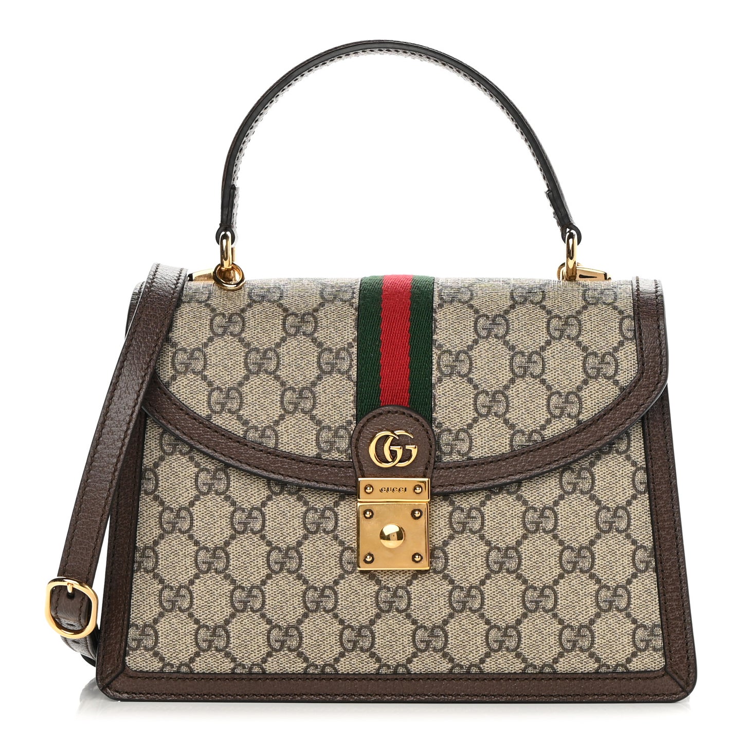 GG Supreme Monogram Textured Dollar Calfskin Web Small Ophidia Padlock Top Handle Bag Beige Ebony New Acero