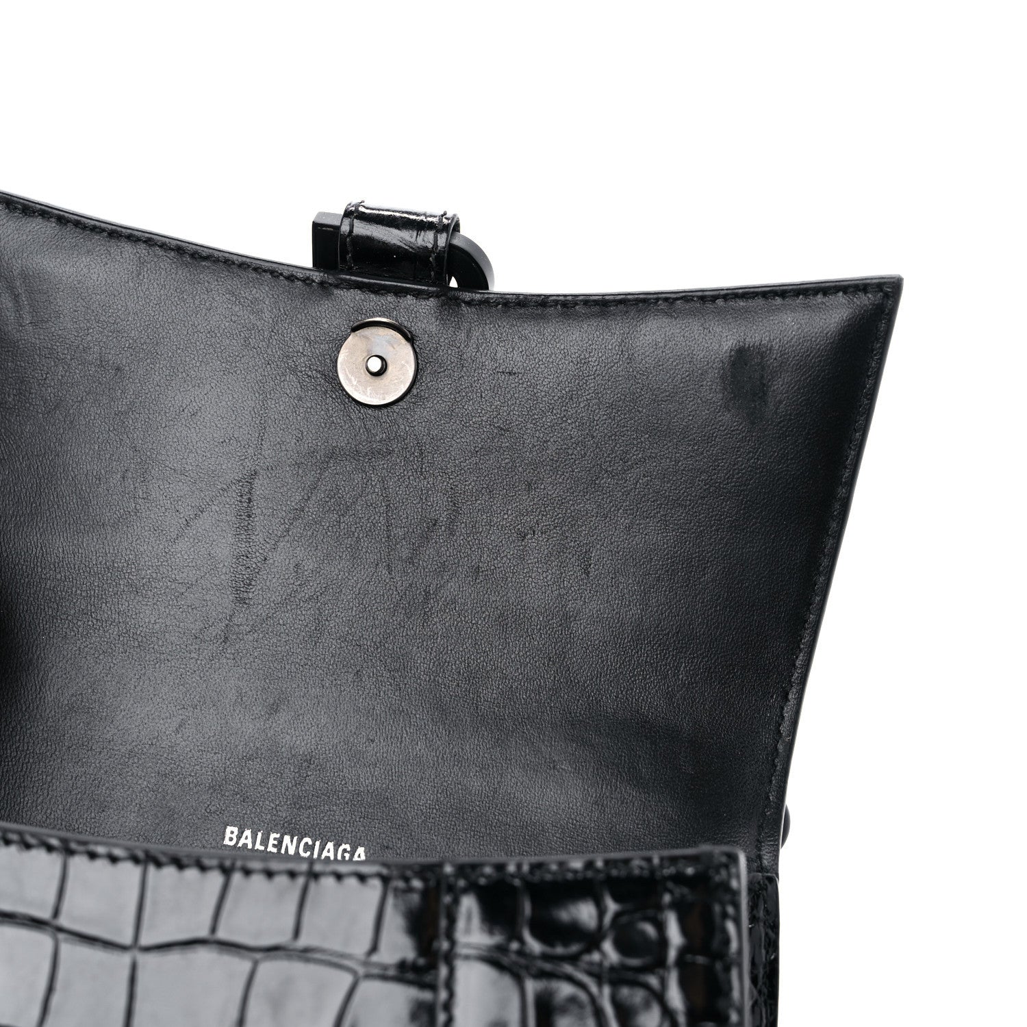 Balenciaga Shiny Calfskin Monochrome Crocodile Embossed Hourglass Top Handle Bag XS Black 12 of 13