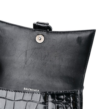 Balenciaga Shiny Calfskin Monochrome Crocodile Embossed Hourglass Top Handle Bag XS Black 12 of 13