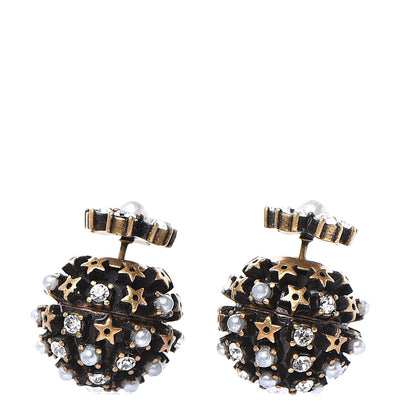Christian Dior Crystal Pearl Star Tribal Earrings Antique Gold Black 1 of 5