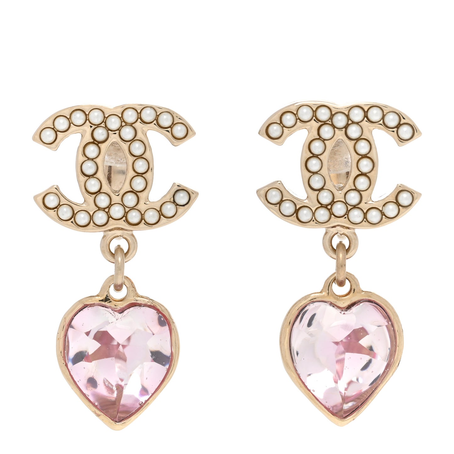 Crystal Pearl Heart CC Drop Earrings Pink Gold